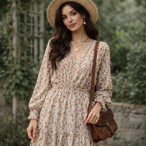 Max Studio Floral Dress, Red and Cream Long Sleeve S